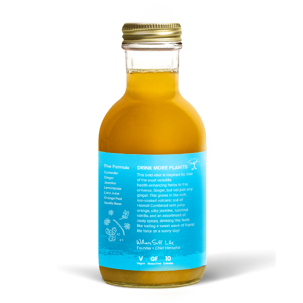 A glass bottle with a gold cap containing 10.5 fl oz (300 ml) of orange liquid. The blue label identifies the drink as Goldthread's Hawaiian Ginger plant-based tonic and features text reading "Activate Digestion and Circulation".
