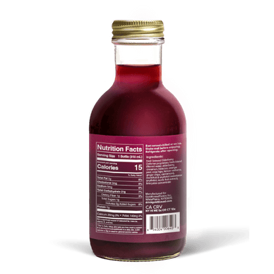 A glass bottle with a gold cap containing 10.5 fl oz (300 ml) of purple liquid. The purple label identifies the drink as Goldthread's Elderberry Defense plant-based tonic and features text reading "Boost Immunity and Carry On".