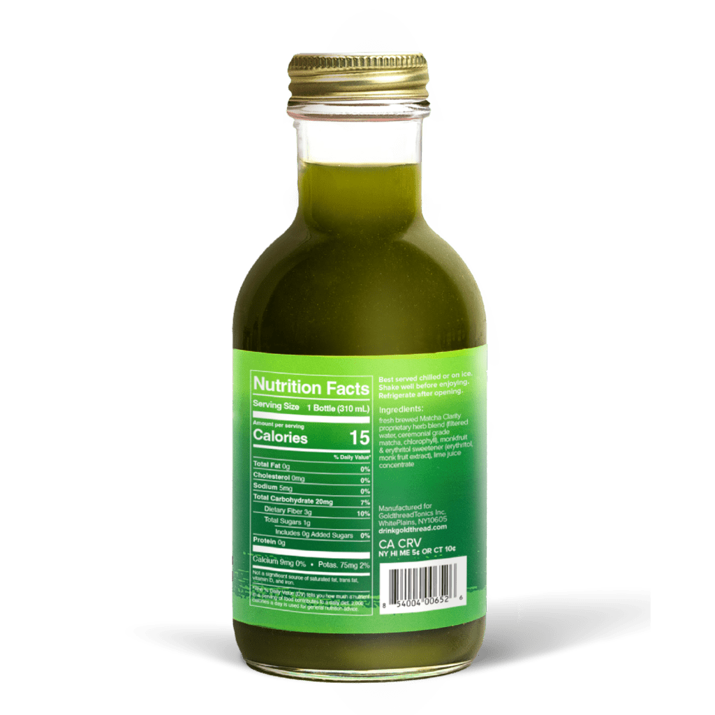 A glass bottle with a gold cap containing 10.5 fl oz (300 ml) of green liquid. The green label identifies the drink as Goldthread's Matcha Clarity plant-based tonic and features text reading "Clarity, Focus and Smooth Energy".