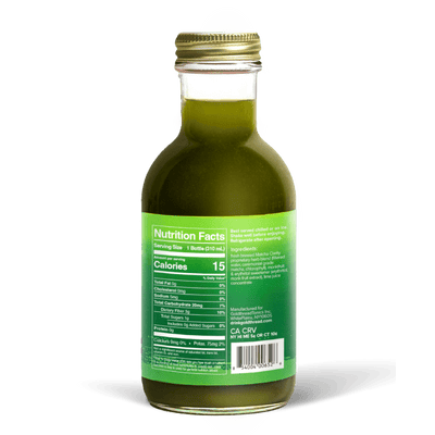 A glass bottle with a gold cap containing 10.5 fl oz (300 ml) of green liquid. The green label identifies the drink as Goldthread's Matcha Clarity plant-based tonic and features text reading "Clarity, Focus and Smooth Energy".