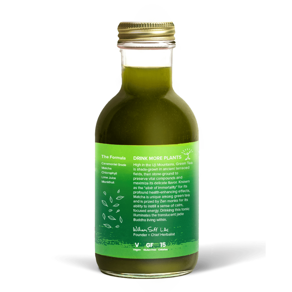 A glass bottle with a gold cap containing 10.5 fl oz (300 ml) of green liquid. The green label identifies the drink as Goldthread's Matcha Clarity plant-based tonic and features text reading "Clarity, Focus and Smooth Energy".