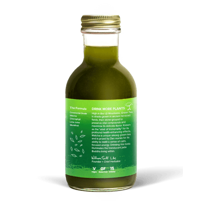 A glass bottle with a gold cap containing 10.5 fl oz (300 ml) of green liquid. The green label identifies the drink as Goldthread's Matcha Clarity plant-based tonic and features text reading "Clarity, Focus and Smooth Energy".