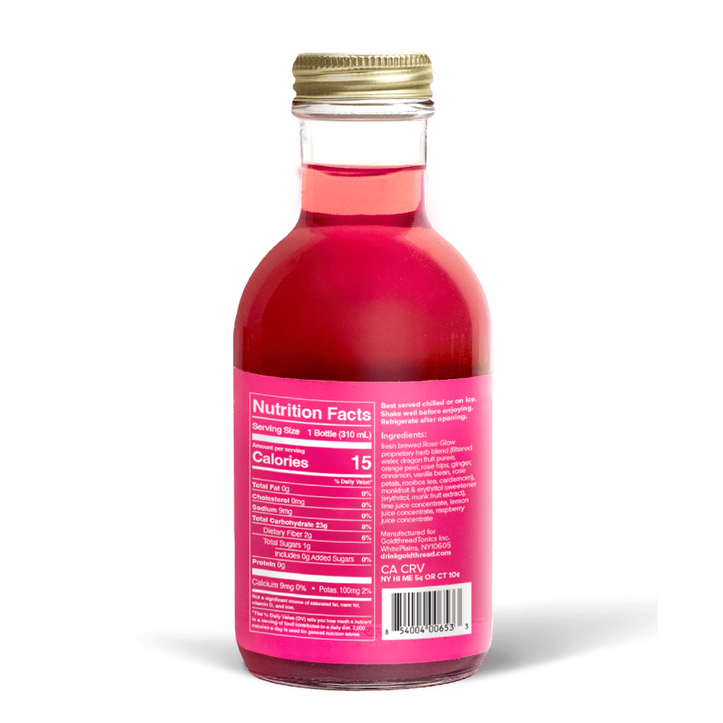 A glass bottle with a gold cap containing 10.5 fl oz (300 ml) of pink liquid. The pink label identifies the drink as Goldthread's Rose Glow plant-based tonic and features text reading "Renew and Restore with Antioxidants".