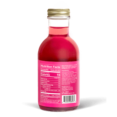 A glass bottle with a gold cap containing 10.5 fl oz (300 ml) of pink liquid. The pink label identifies the drink as Goldthread's Rose Glow plant-based tonic and features text reading "Renew and Restore with Antioxidants".