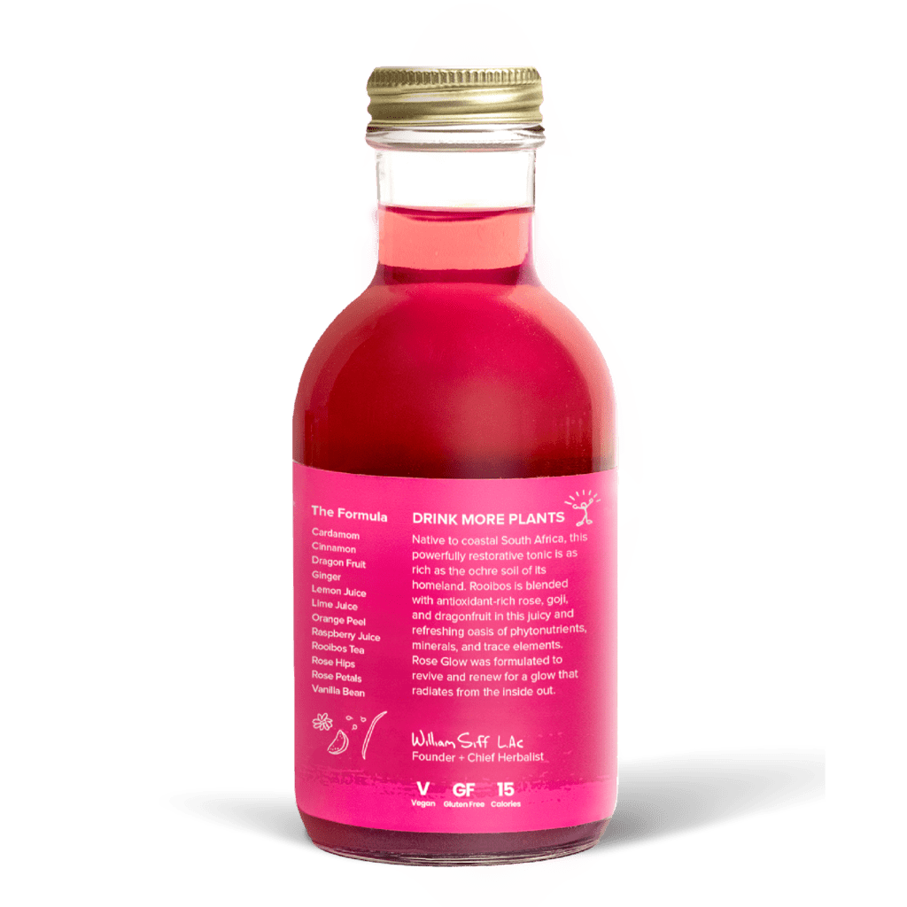 A glass bottle with a gold cap containing 10.5 fl oz (300 ml) of pink liquid. The pink label identifies the drink as Goldthread's Rose Glow plant-based tonic and features text reading "Renew and Restore with Antioxidants".