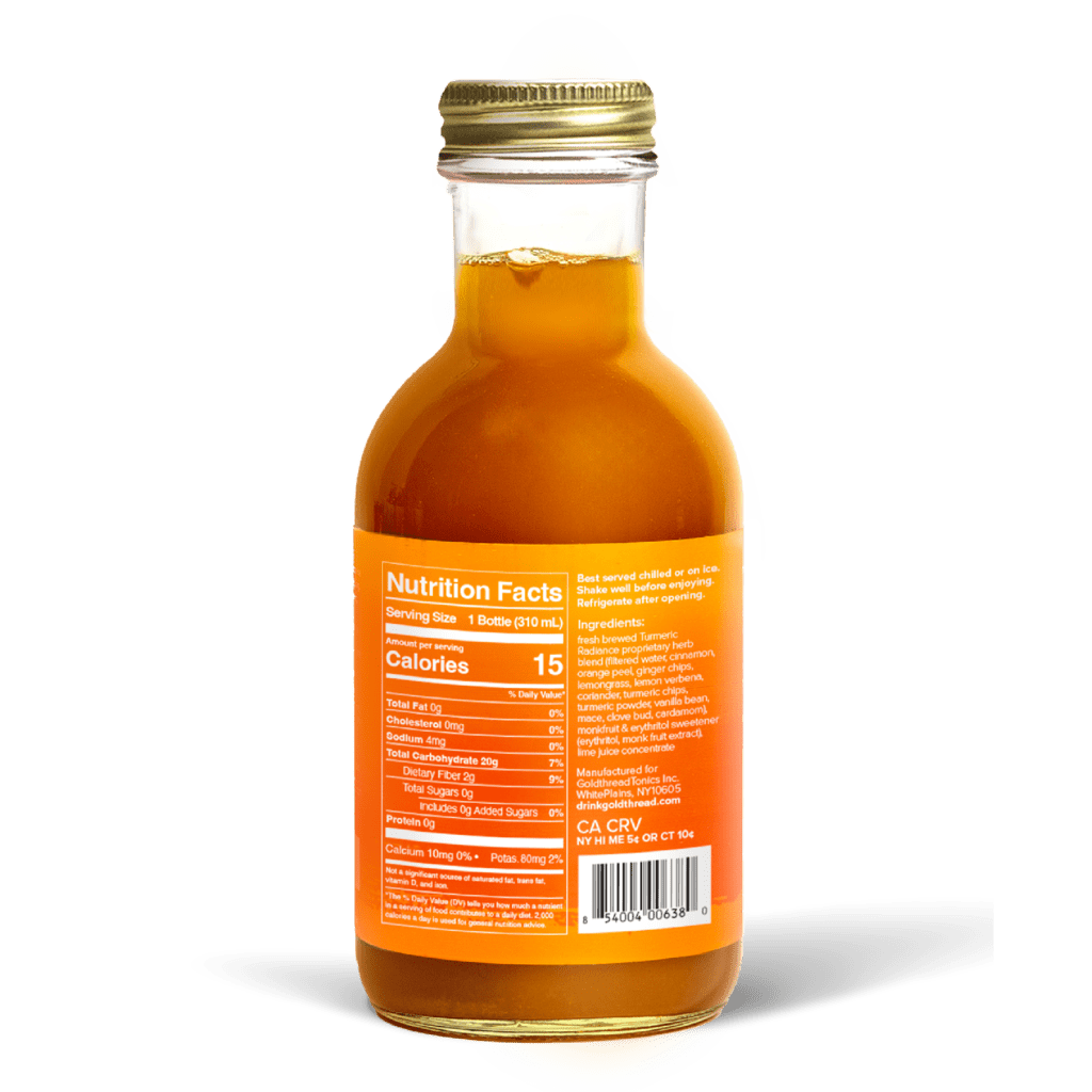 A glass bottle with a gold cap containing 10.5 fl oz (300 ml) of orange liquid. The orange label identifies the drink as Goldthread's Turmeric Radiance plant-based tonic and features text reading "Reduce Inflammation and Optimize Digestion".