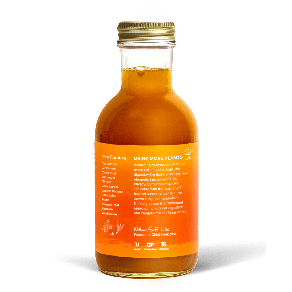 A glass bottle with a gold cap containing 10.5 fl oz (300 ml) of orange liquid. The orange label identifies the drink as Goldthread's Turmeric Radiance plant-based tonic and features text reading "Reduce Inflammation and Optimize Digestion".