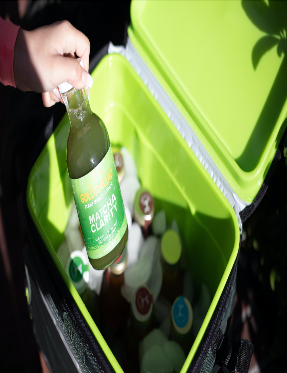 Hand holding a bottle of Goldthread Matcha Clarity above a green cooler filled with ice and several other bottles.