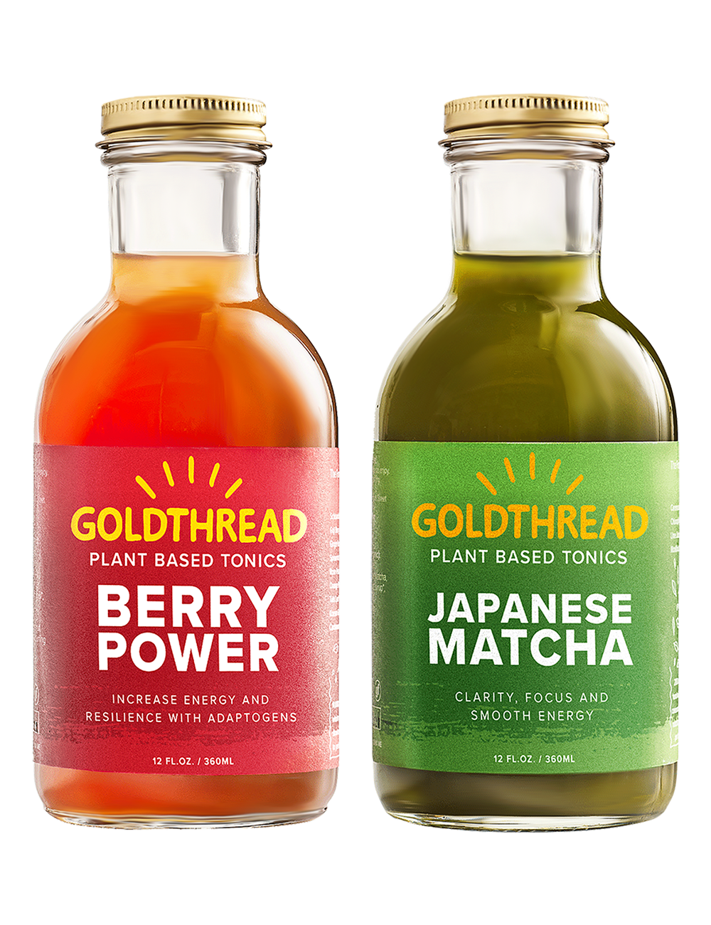 Goldthread Berry Power and Japanese Matcha tonics front of pack view