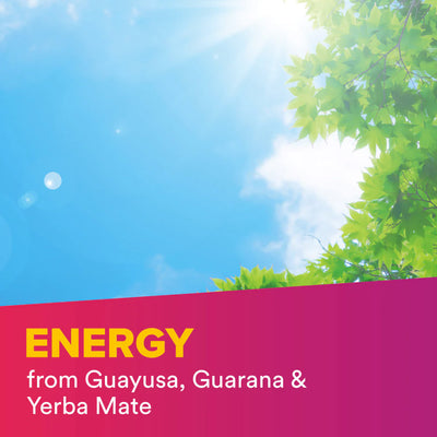 text: energy from guyausa, guarana & yerba mate; image: sunny sky and tree