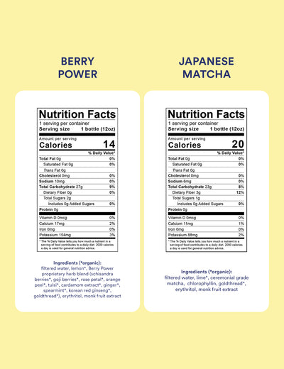Goldthread Berry Power and Japanese Matcha tonics nutrition labels
